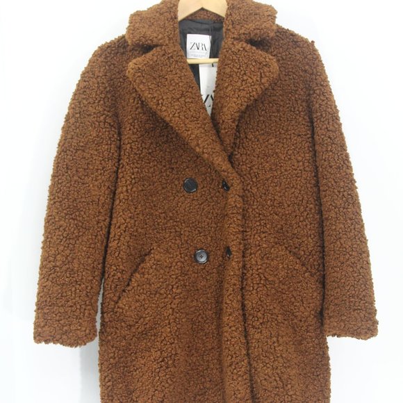 Zara Teddy Bear Coat XS NEW Women Brown Fuzzy Winter Jacket Faux Shearling - Picture 2 of 10